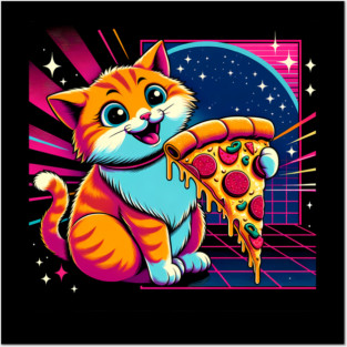 Funny Orange Cat eating Pizza in Space Posters and Art