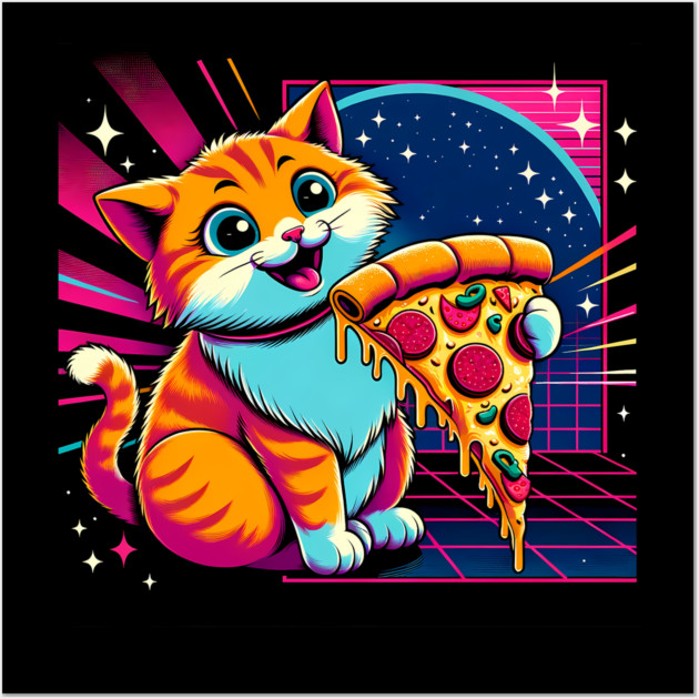 Funny Orange Cat eating Pizza in Space Wall Art by logiamerch
