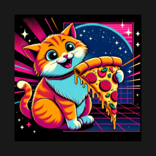 Funny Orange Cat eating Pizza in Space T-Shirt