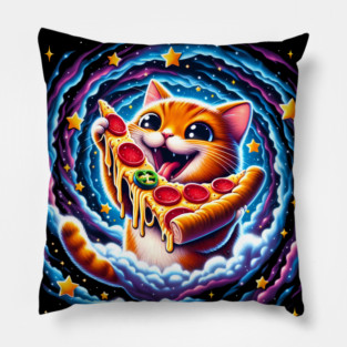 Funny Orange Cat eating Pizza in Space Pillow