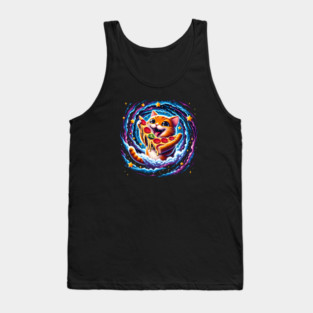 Funny Orange Cat eating Pizza in Space Tank Top