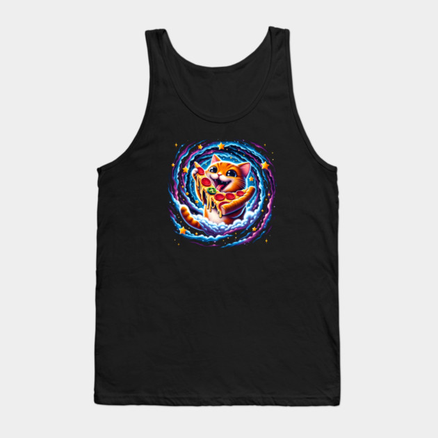 Funny Orange Cat eating Pizza in Space Tank Top by logiamerch
