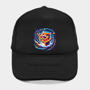 Funny Orange Cat eating Pizza in Space Hat