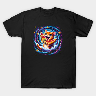 Funny Orange Cat eating Pizza in Space T-Shirt