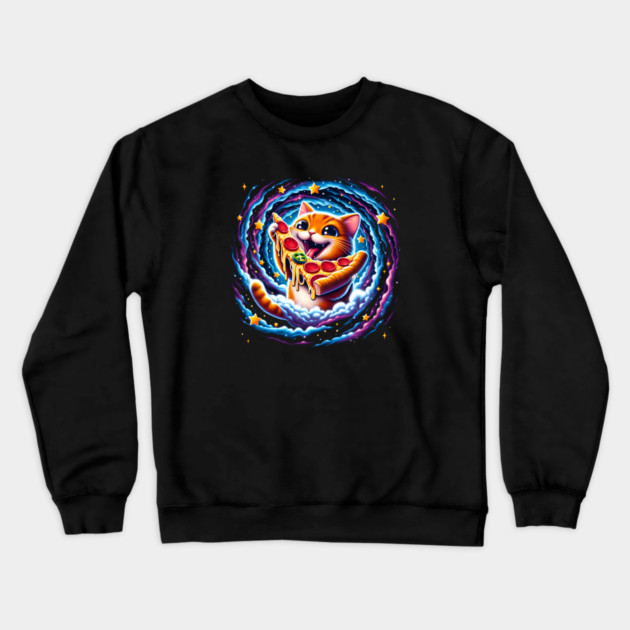 Funny Orange Cat eating Pizza in Space Crewneck Sweatshirt by logiamerch
