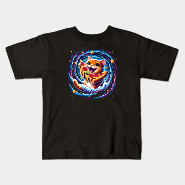 Funny Orange Cat eating Pizza in Space Kids T-Shirt by logiamerch