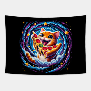 Funny Orange Cat eating Pizza in Space Tapestry