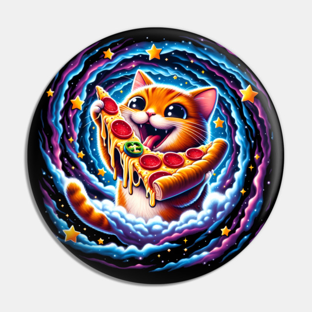 Funny Orange Cat eating Pizza in Space Pin by logiamerch