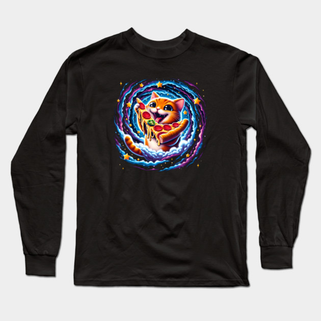 Funny Orange Cat eating Pizza in Space Long Sleeve T-Shirt by logiamerch