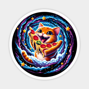 Funny Orange Cat eating Pizza in Space Magnet