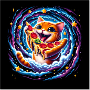 Funny Orange Cat eating Pizza in Space Posters and Art