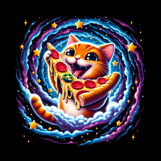 Funny Orange Cat eating Pizza in Space by logiamerch