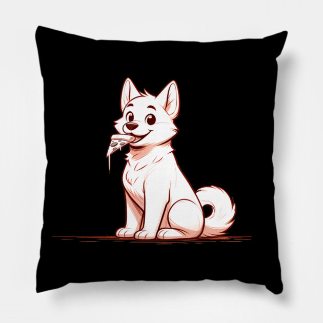 White Dog Eating Pizza Pillow by logiamerch