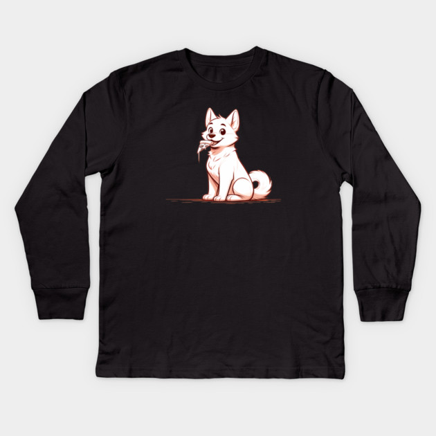 White Dog Eating Pizza Kids Long Sleeve T-Shirt by logiamerch