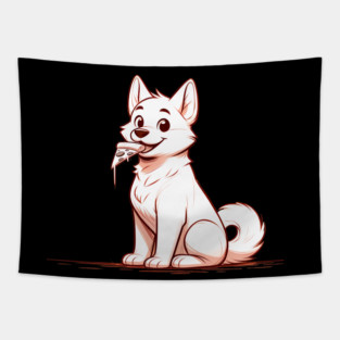 White Dog Eating Pizza Tapestry