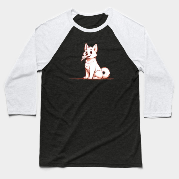 White Dog Eating Pizza Baseball T-Shirt by logiamerch
