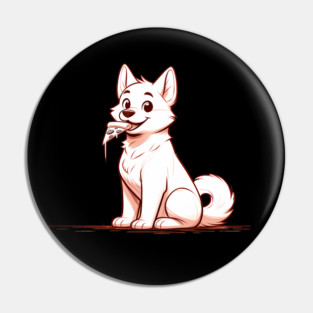 White Dog Eating Pizza Pin