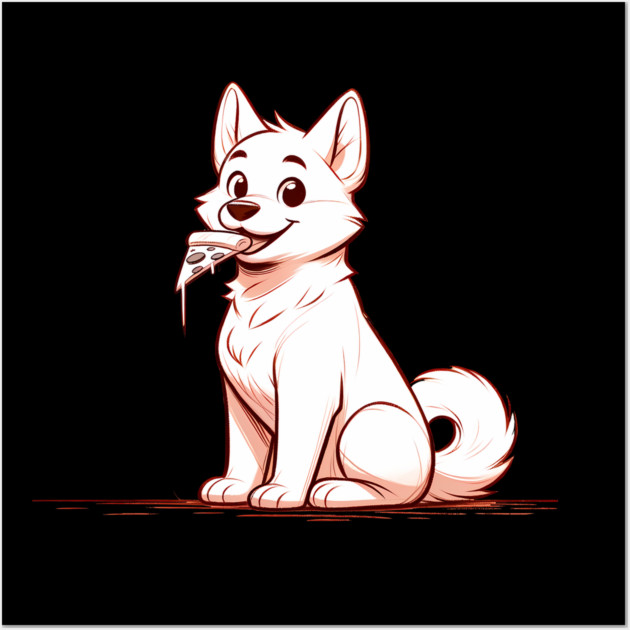 White Dog Eating Pizza Wall Art by logiamerch