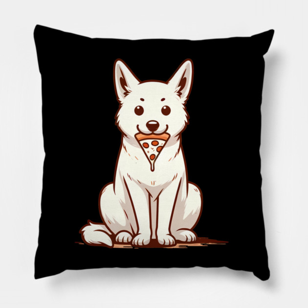 White Dog Eating Pizza Pillow by logiamerch