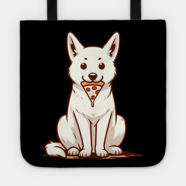 White Dog Eating Pizza Tote by logiamerch