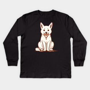 White Dog Eating Pizza Kids Long Sleeve T-Shirt