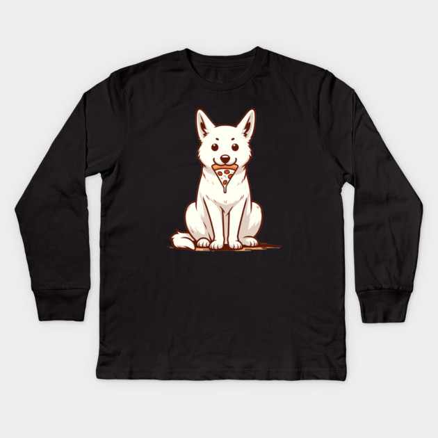 White Dog Eating Pizza Kids Long Sleeve T-Shirt by logiamerch