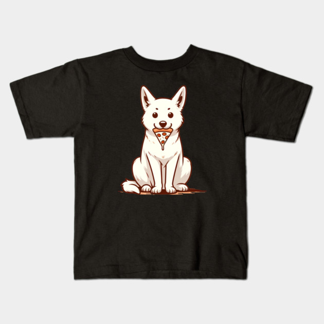 White Dog Eating Pizza Kids T-Shirt by logiamerch