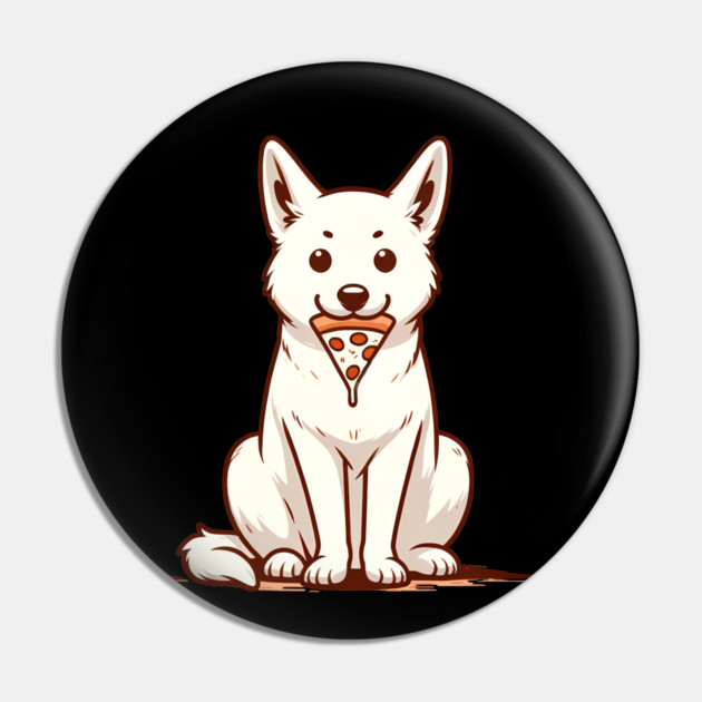 White Dog Eating Pizza Pin by logiamerch
