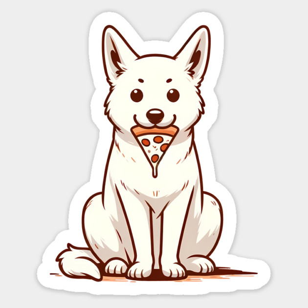 White Dog Eating Pizza Sticker by logiamerch