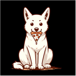 White Dog Eating Pizza Posters and Art