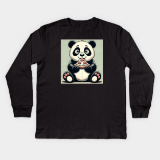 Cute Panda Bear Eating Pizza Kids Long Sleeve T-Shirt
