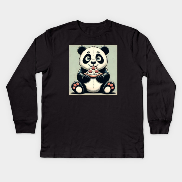Cute Panda Bear Eating Pizza Kids Long Sleeve T-Shirt by logiamerch