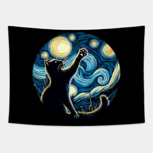 Cat in the night with star, impressionism, famous painting, Starry Night Style Van Gogh painting Cat Lover Tapestry