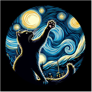 Cat in the night with star, impressionism, famous painting, Starry Night Style Van Gogh painting Cat Lover Posters and Art