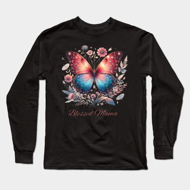 Floral Butterfly Blessed Mama Long Sleeve T-Shirt by Prinyos