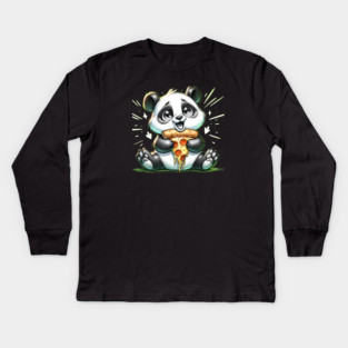 Cute Panda Bear Eating Pizza Kids Long Sleeve T-Shirt