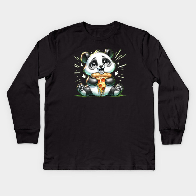 Cute Panda Bear Eating Pizza Kids Long Sleeve T-Shirt by logiamerch