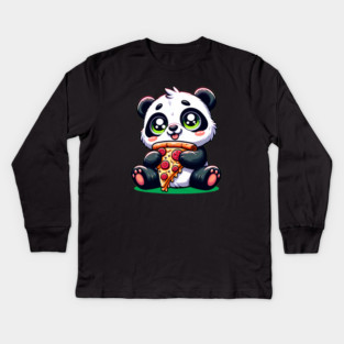 Cute Panda Bear Eating Pizza Kids Long Sleeve T-Shirt