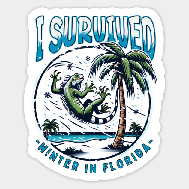 'I Survived Winter in Florida' - Tropical Iguana & Snowflakes Holiday Souvenir Design Magnet by WarFX Designs