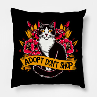 Adopt Don’t Shop Traditional Flash Tattoo Cat Pillow