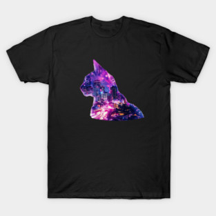 Cat and city double exposure effect T-Shirt