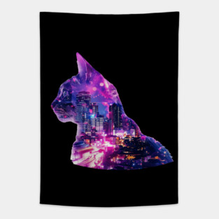 Cat and city double exposure effect Tapestry