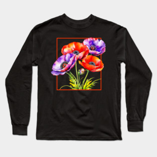 Watercolor Memorial Day Red and Purple Poppies Long Sleeve T-Shirt