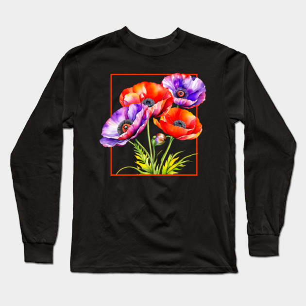 Watercolor Memorial Day Red and Purple Poppies Long Sleeve T-Shirt by HolidayBug