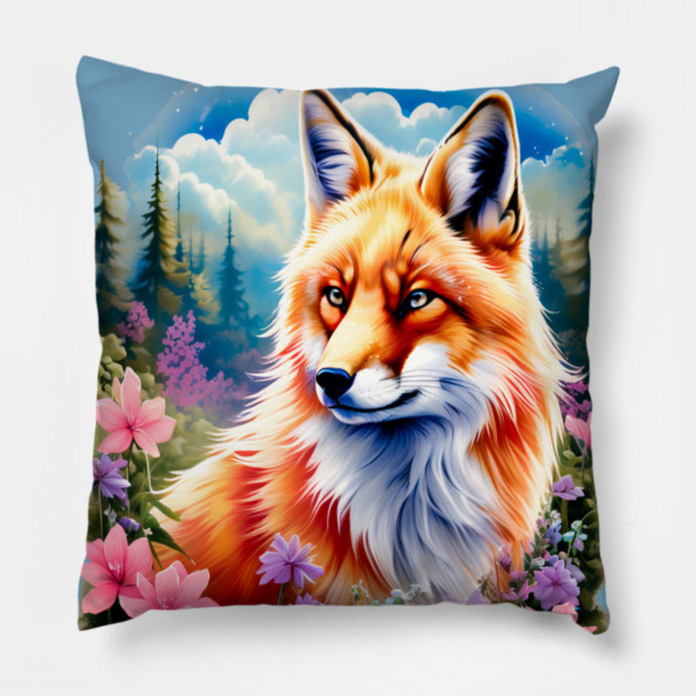 Red Fox with Flowers and Forests Pillow by BirdsnStuff