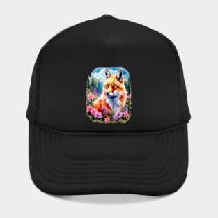 Red Fox with Flowers and Forests Hat