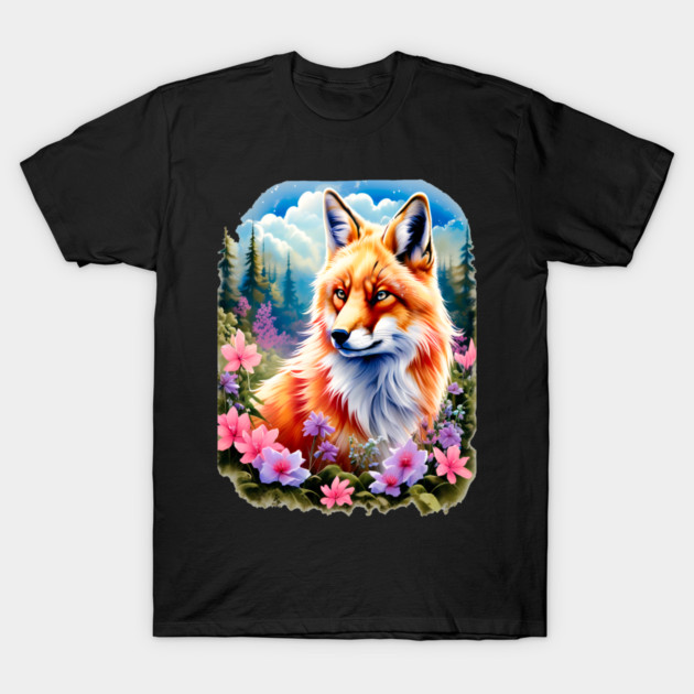 Red Fox with Flowers and Forests T-Shirt by BirdsnStuff