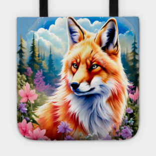 Red Fox with Flowers and Forests Tote