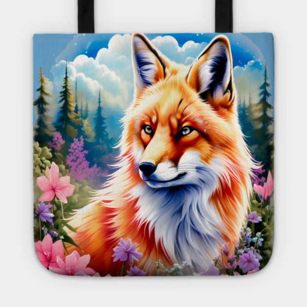 Red Fox with Flowers and Forests Tote by BirdsnStuff