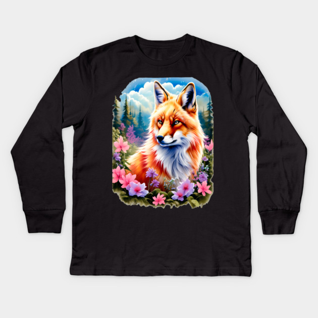 Red Fox with Flowers and Forests Kids Long Sleeve T-Shirt by BirdsnStuff